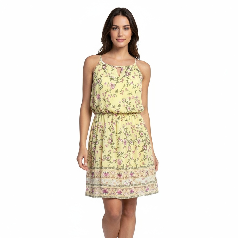 Blue Rain Yellow Floral Mini Dress Medium Spaghetti Keyhole Boho‎ Sundress